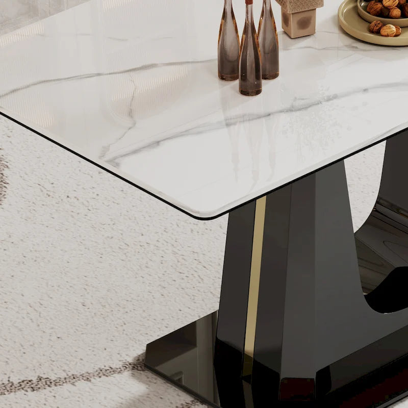 Table à manger avec plateau en verre trempé et composite de pierre frittée de 0,47" d'épaisseur, base en acier inoxydable