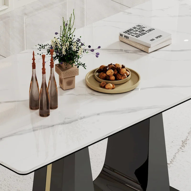 Table à manger avec plateau en verre trempé et composite de pierre frittée de 0,47" d'épaisseur, base en acier inoxydable