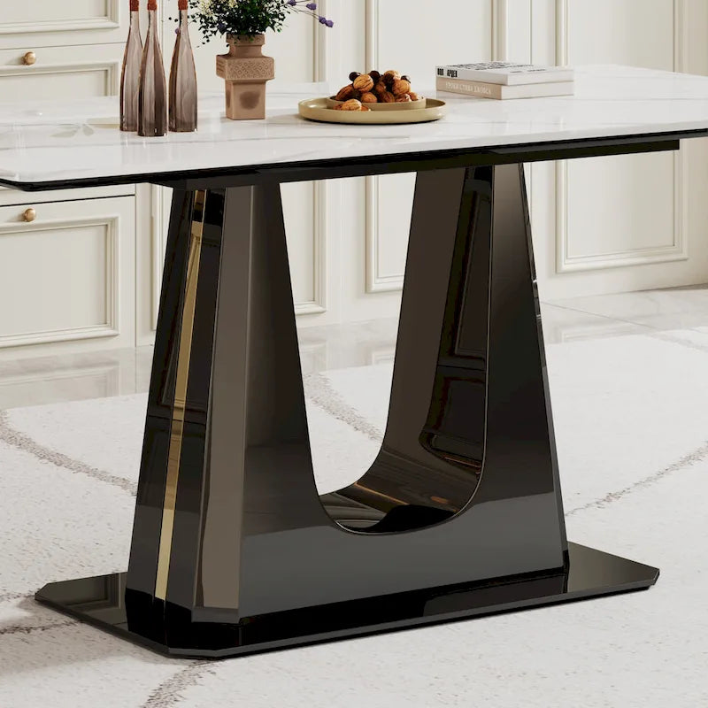Table à manger avec plateau en verre trempé et composite de pierre frittée de 0,47" d'épaisseur, base en acier inoxydable