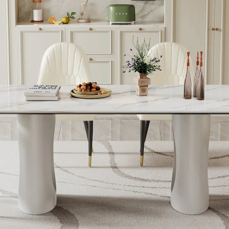 Table à manger avec plateau en verre trempé et composite de pierre frittée de 0,47" d'épaisseur, base en acier inoxydable