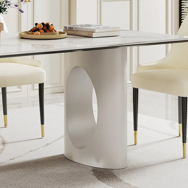 Table à manger avec plateau en verre trempé et composite de pierre frittée de 0,47" d'épaisseur, base en acier inoxydable
