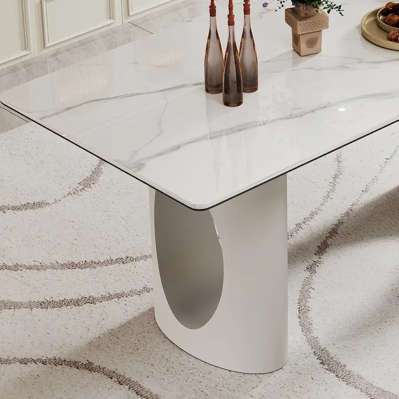 Table à manger avec plateau en verre trempé et composite de pierre frittée de 0,47" d'épaisseur, base en acier inoxydable