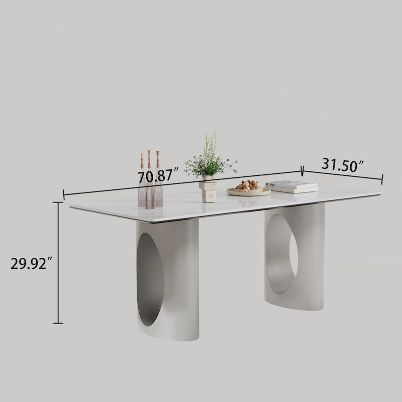 Table à manger avec plateau en verre trempé et composite de pierre frittée de 0,47" d'épaisseur, base en acier inoxydable