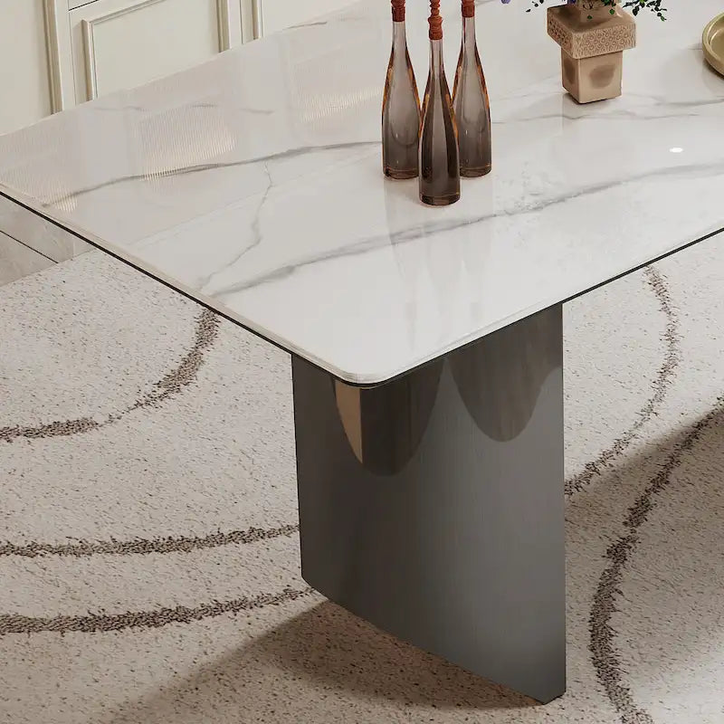 Table à manger avec plateau en verre trempé et composite de pierre frittée de 0,47" d'épaisseur, base en acier inoxydable