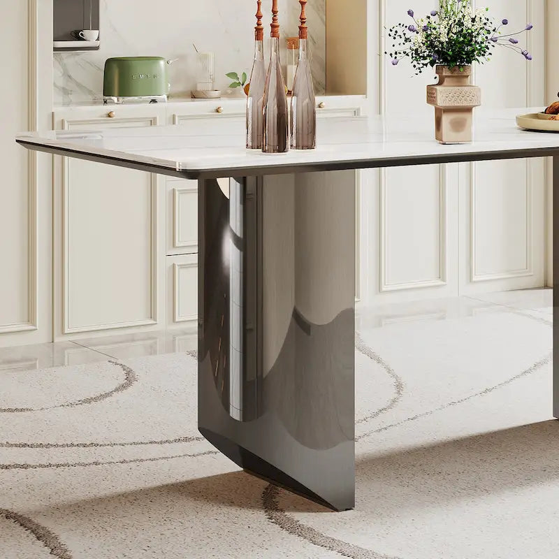 Table à manger avec plateau en verre trempé et composite de pierre frittée de 0,47" d'épaisseur, base en acier inoxydable