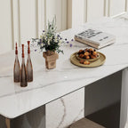 Table à manger avec plateau en verre trempé et composite de pierre frittée de 0,47" d'épaisseur, base en acier inoxydable