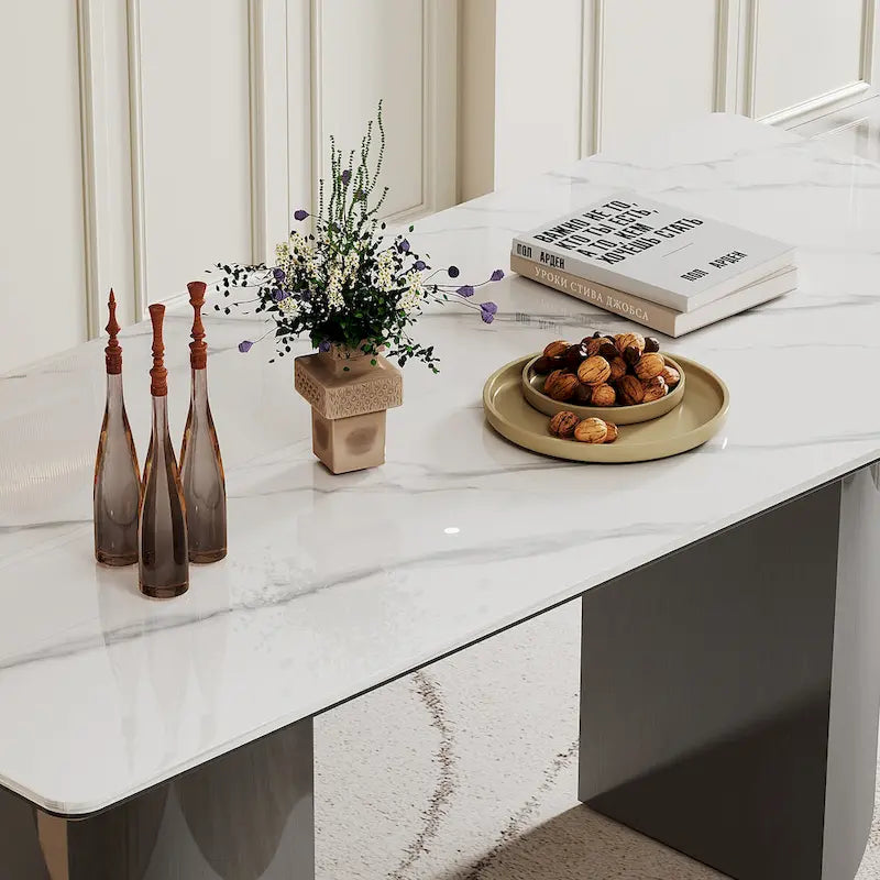 Table à manger avec plateau en verre trempé et composite de pierre frittée de 0,47" d'épaisseur, base en acier inoxydable