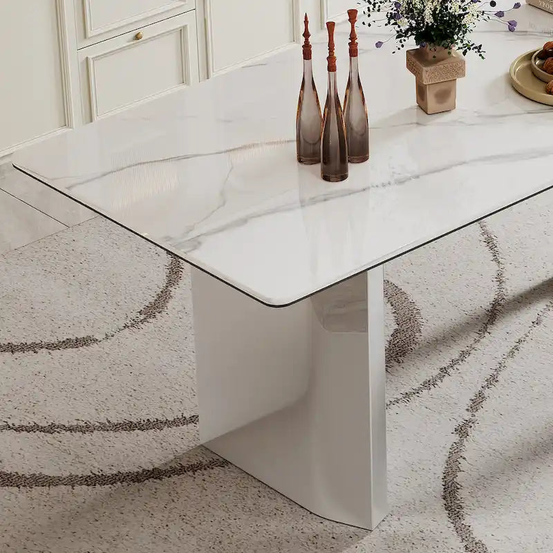 Table à manger avec plateau en verre trempé et composite de pierre frittée de 0,47" d'épaisseur, base en acier inoxydable