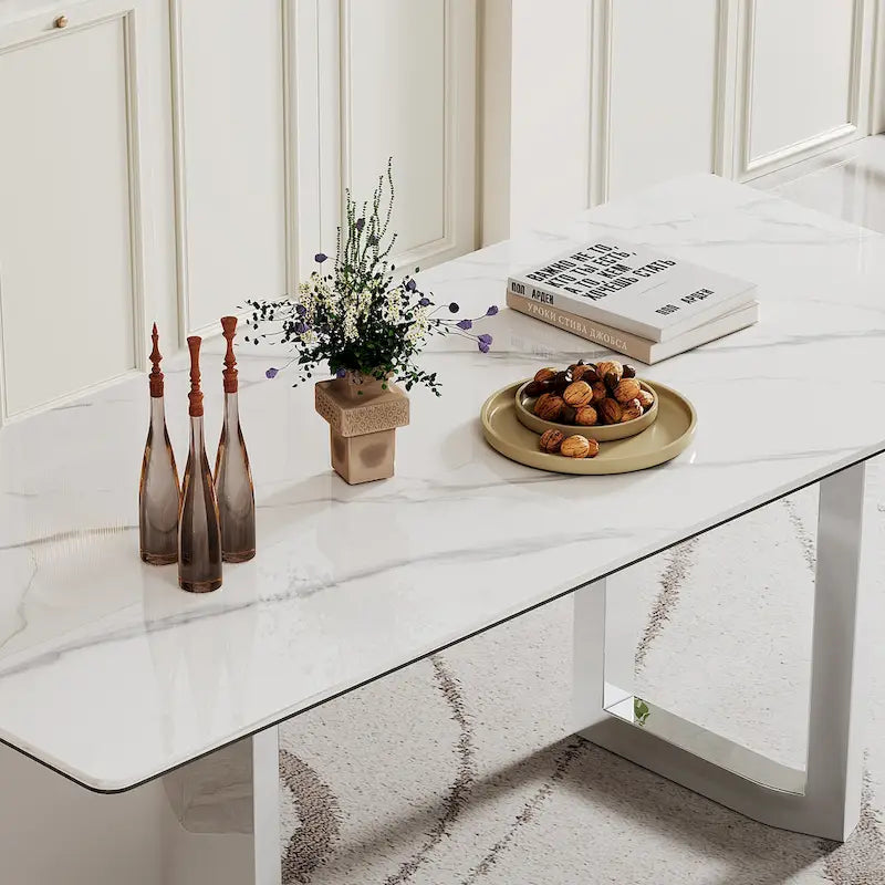 Table à manger avec plateau en verre trempé et composite de pierre frittée de 0,47" d'épaisseur, base en acier inoxydable