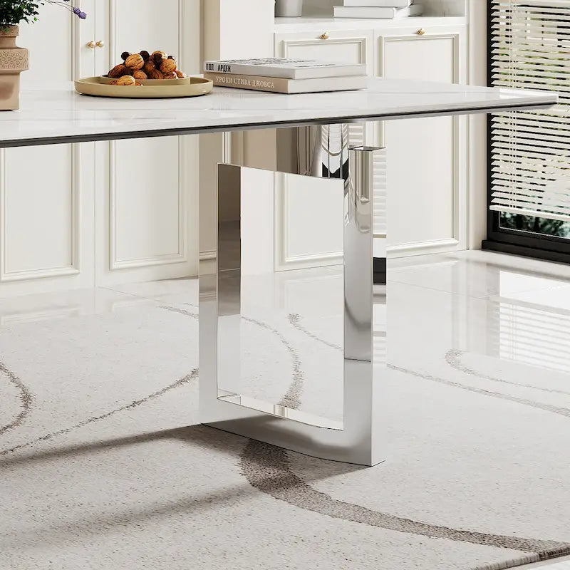 Table à manger avec plateau en verre trempé et composite de pierre frittée de 0,47" d'épaisseur, base en acier inoxydable