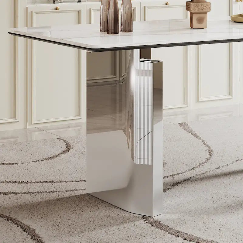 Table à manger avec plateau en verre trempé et composite de pierre frittée de 0,47" d'épaisseur, base en acier inoxydable