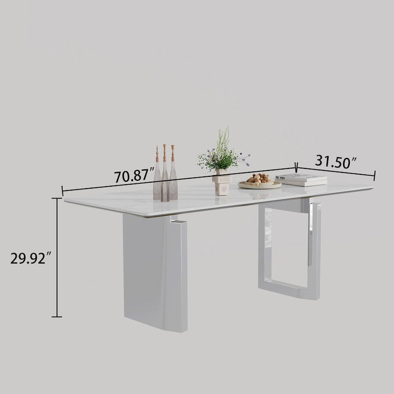 Table à manger avec plateau en verre trempé et composite de pierre frittée de 0,47" d'épaisseur, base en acier inoxydable