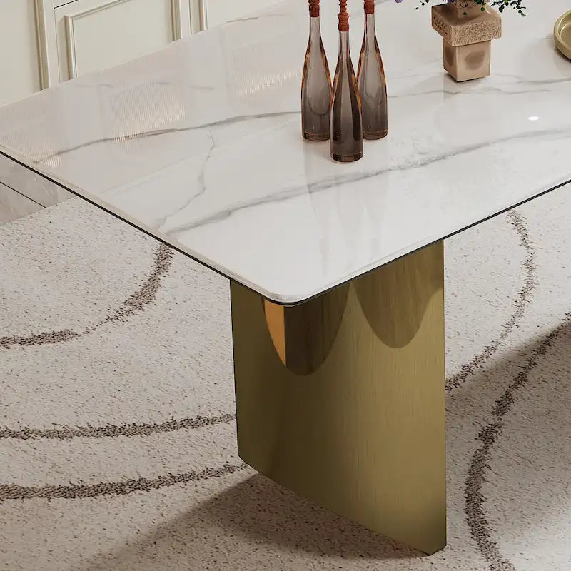 Table à manger avec plateau en verre trempé et composite de pierre frittée de 0,47" d'épaisseur, base en acier inoxydable