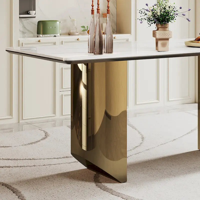 Table à manger avec plateau en verre trempé et composite de pierre frittée de 0,47" d'épaisseur, base en acier inoxydable