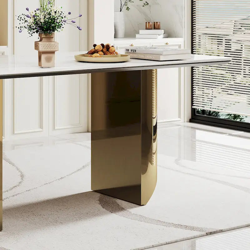 Table à manger avec plateau en verre trempé et composite de pierre frittée de 0,47" d'épaisseur, base en acier inoxydable