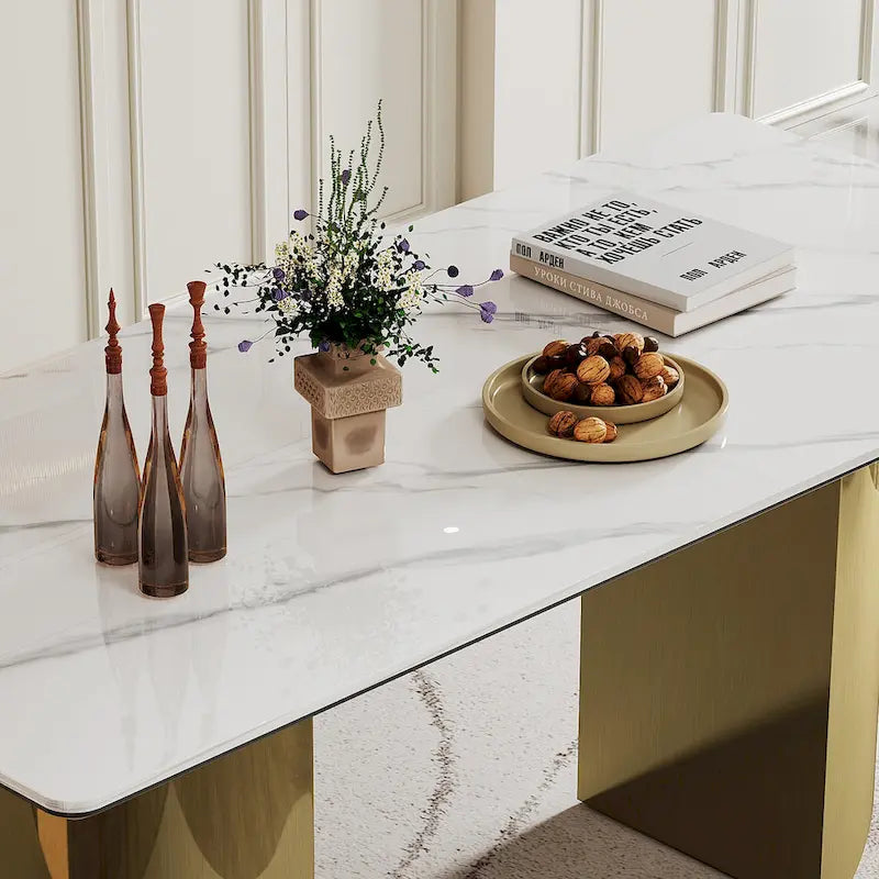 Table à manger avec plateau en verre trempé et composite de pierre frittée de 0,47" d'épaisseur, base en acier inoxydable