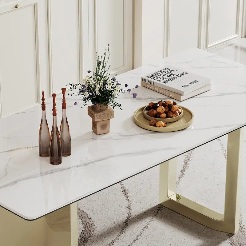 Table à manger avec plateau en verre trempé et composite de pierre frittée de 0,47" d'épaisseur, base en acier inoxydable