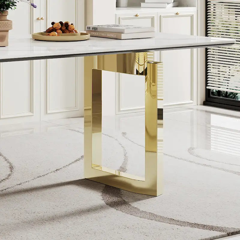 Table à manger avec plateau en verre trempé et composite de pierre frittée de 0,47" d'épaisseur, base en acier inoxydable