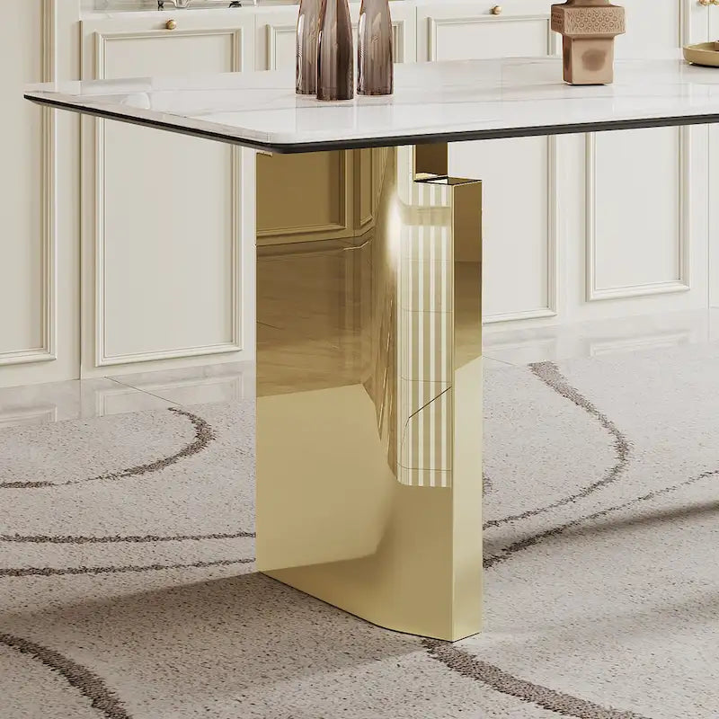Table à manger avec plateau en verre trempé et composite de pierre frittée de 0,47" d'épaisseur, base en acier inoxydable