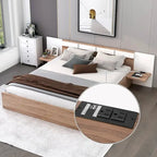 Lit plateforme Queen Size avec tête de lit, tiroirs, étagères, ports USB et prises, Naturel