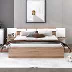 Lit plateforme Queen Size avec tête de lit, tiroirs, étagères, ports USB et prises, Naturel
