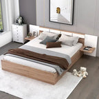 Lit plateforme Queen Size avec tête de lit, tiroirs, étagères, ports USB et prises, Naturel
