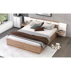 Lit plateforme Queen Size avec tête de lit, tiroirs, étagères, ports USB et prises, Naturel
