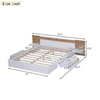 Lit plateforme Queen Size avec tête de lit, tiroirs, étagères, ports USB et prises, Naturel