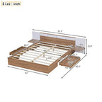 Lit plateforme Queen Size avec tête de lit, tiroirs, étagères, ports USB et prises, Naturel