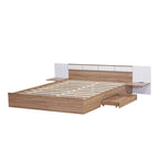 Lit plateforme Queen Size avec tête de lit, tiroirs, étagères, ports USB et prises, Naturel