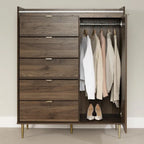 Commode Glam avec 5 tiroirs, plateau en faux marbre et pieds en laiton