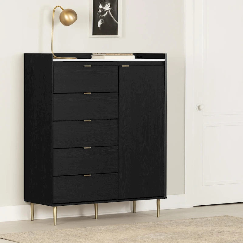 Commode Glam avec 5 tiroirs, plateau en faux marbre et pieds en laiton