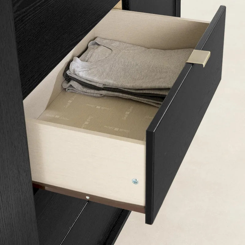 Commode Glam avec 5 tiroirs, plateau en faux marbre et pieds en laiton