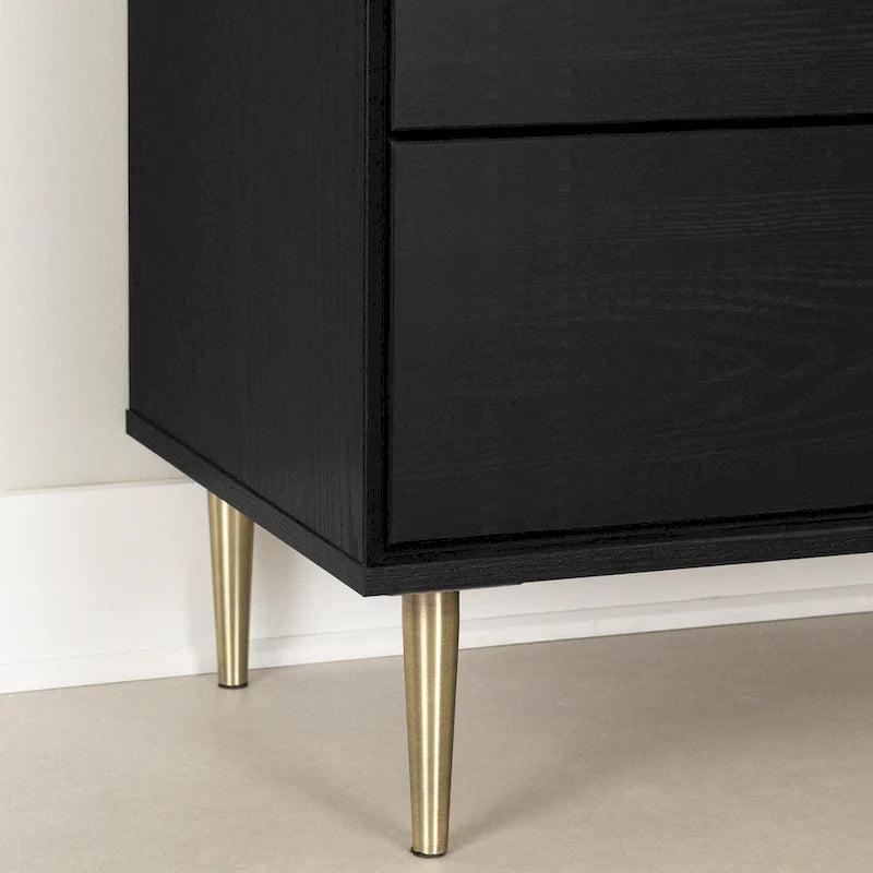 Commode Glam avec 5 tiroirs, plateau en faux marbre et pieds en laiton