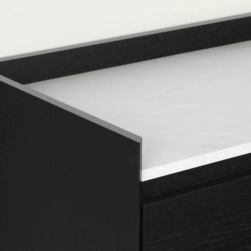 Commode Glam avec 5 tiroirs, plateau en faux marbre et pieds en laiton