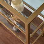 Console étroite en métal Jensen avec étagères en verre – Finition dorée