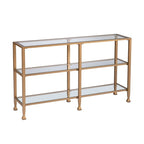 Console étroite en métal Jensen avec étagères en verre – Finition dorée