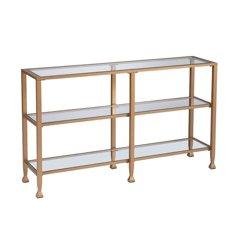 Console étroite en métal Jensen avec étagères en verre – Finition dorée