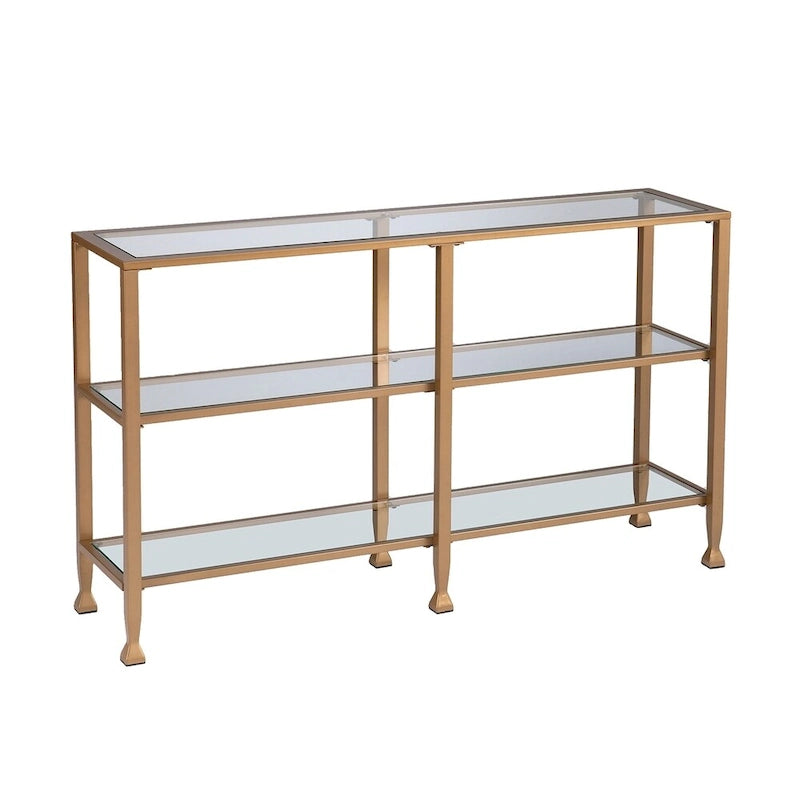Console étroite en métal Jensen avec étagères en verre – Finition dorée