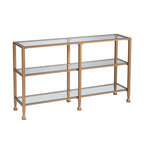 Console étroite en métal Jensen avec étagères en verre – Finition dorée