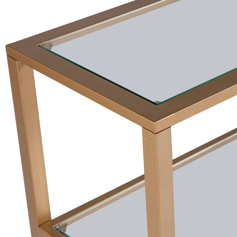 Console étroite en métal Jensen avec étagères en verre – Finition dorée