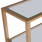 Console étroite en métal Jensen avec étagères en verre – Finition dorée
