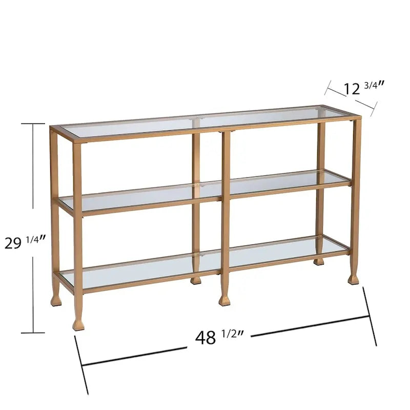 Console étroite en métal Jensen avec étagères en verre – Finition dorée