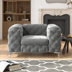 Fauteuil club Chesterfield en velours capitonné avec pieds en L chromés