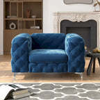 Fauteuil club Chesterfield en velours capitonné avec pieds en L chromés