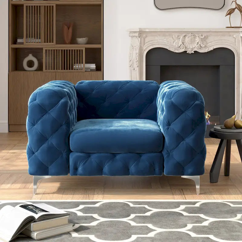Fauteuil club Chesterfield en velours capitonné avec pieds en L chromés