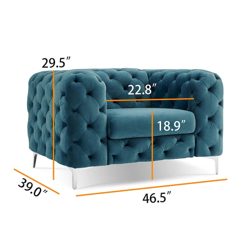 Fauteuil club Chesterfield en velours capitonné avec pieds en L chromés