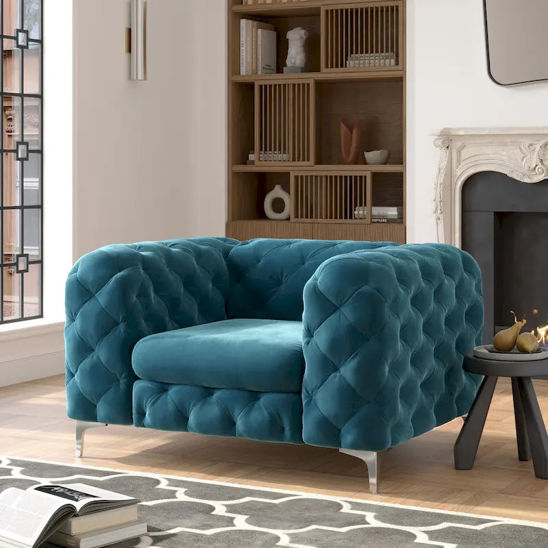 Fauteuil club Chesterfield en velours capitonné avec pieds en L chromés