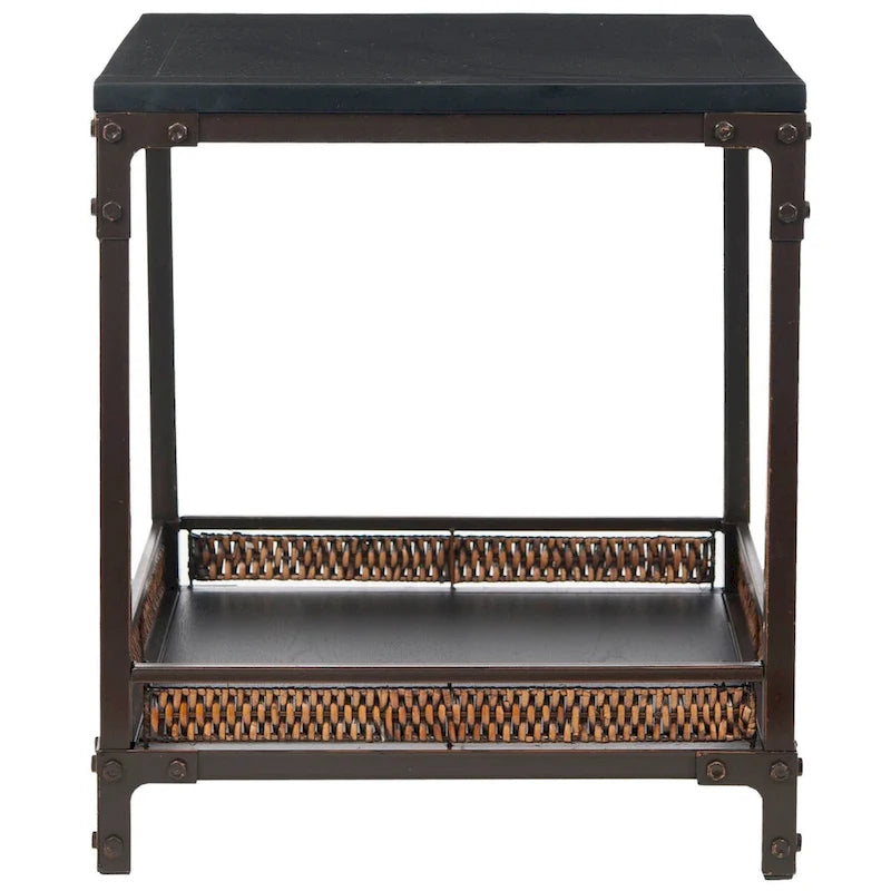 Table d'appoint en osier avec plateau en bois et pieds en métal - 56cm L x 56cm P x 63,5cm H