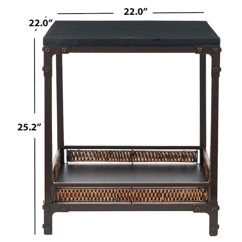 Table d'appoint en osier avec plateau en bois et pieds en métal - 56cm L x 56cm P x 63,5cm H